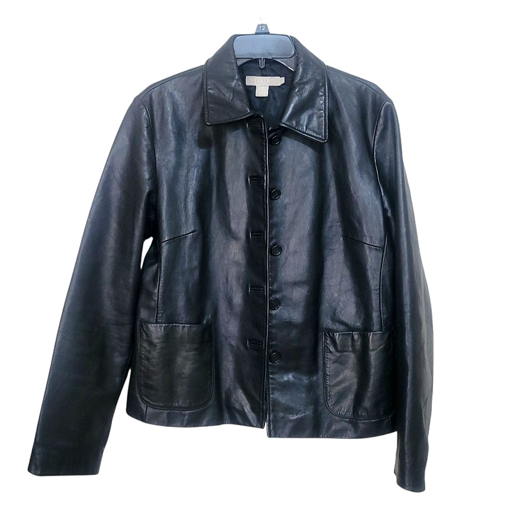 J Crew Women Leather jacket black oil slick iridescent Size L